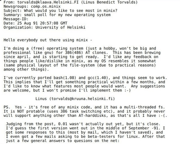 Mensagem enviada por Torvalds através da Usenet, o que é um marco para a história do Linux